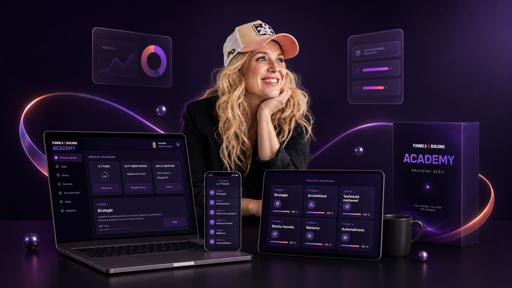 Funnels Building Academy — Vendula Zajícová a ukázka programu na notebooku, telefonu a tabletu